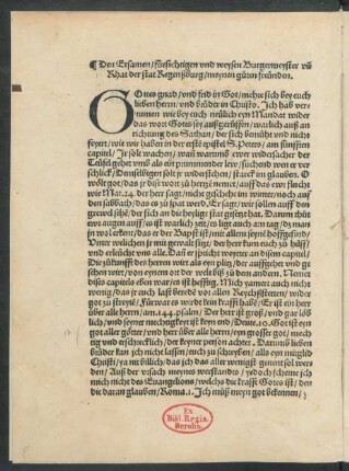 Den Ersamen/ fürsichtigen und weysen Burgermeyster und Rhat der stat Regenßburg/ meynen guten freünden.