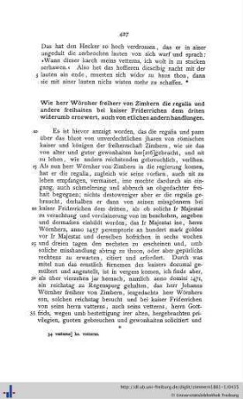Wie herr Wörnher freiherr von Zimbern die regalia und andere freihaiten bei kaiser Friderrichen dem driten widerumb ernewert...