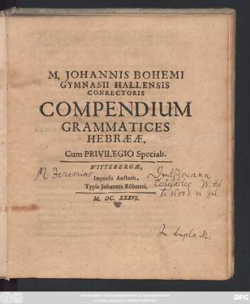 M. Johannis Bohemi ... Compendium Grammatices Hebraeae