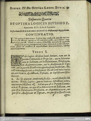 Disputatio Quarta De Optima Logices Divisione