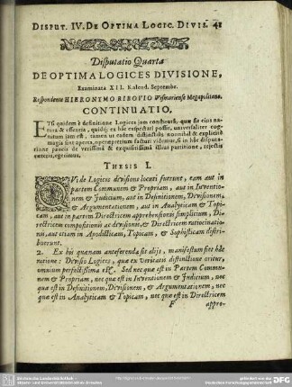 Disputatio Quarta De Optima Logices Divisione