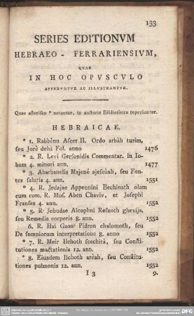 Series Editionum Hebraeo- Ferrariensium, Quae In Hoc Opusculo Afferuntur Ac Illustrantur