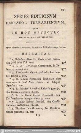 Series Editionum Hebraeo- Ferrariensium, Quae In Hoc Opusculo Afferuntur Ac Illustrantur