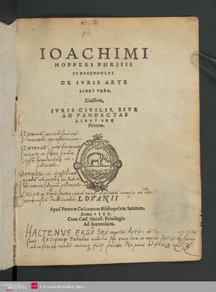 Ioachimi Hopperi Phrisii Ivreconsvlti De Ivris Arte : Libri Tres
