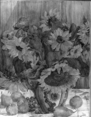 Stillleben mit Sonnenblumen in einer Vase und Birnen : Stillleben mit Sonnenblumen in einer Vase und Birnen. Gemälde (vor 1946; C. Vollmer)