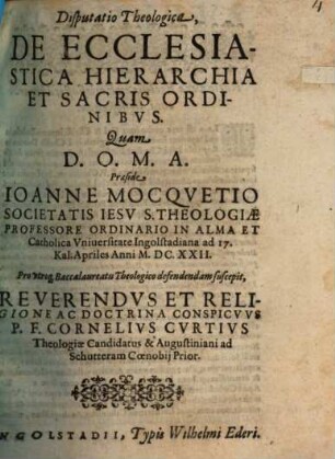 Disputatio theologica de ecclesiastica hierarchia et sacris ordinibus
