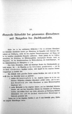 XV. Generelle Übersicht der gesamten Einnahmen und Ausgaben des Stadthaushalts