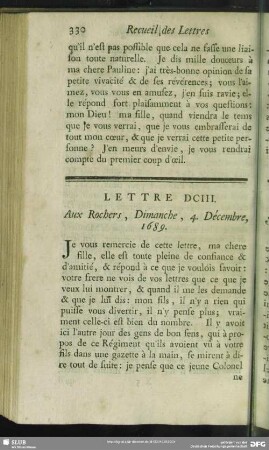 Lettre DCIII. Aux Rochers, Dimanche, 4. Décembre, 1689