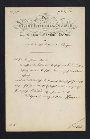 Korrespondenz zwischen Ministerium des Kirchen- und Schul-Wesens und dem akademischen Senat (1842/1836)