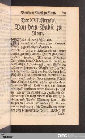 Der XVI. Artickel. Von dem Pabst zu Rom.