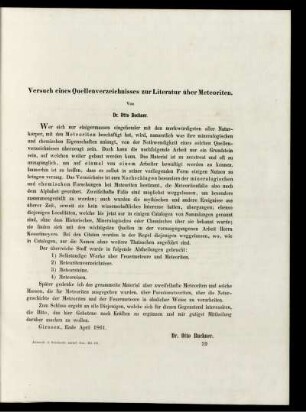 Versuch eines Quellenverzeichnisses zur Literatur über Meteoriten.