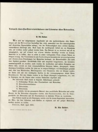 Versuch eines Quellenverzeichnisses zur Literatur über Meteoriten.