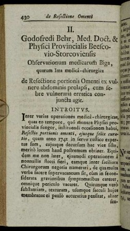 II. Godofred Behr,...de Resectione portionis Omenti...ex vulnere...prolapsi,[...]