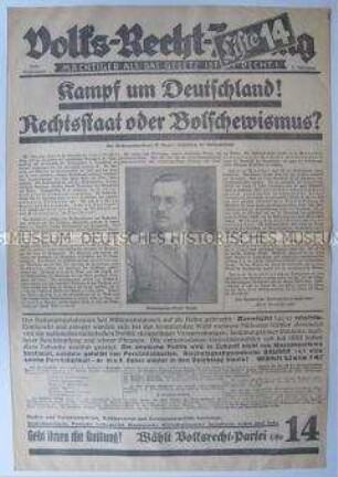 Sonderausgabe der regionalen Wochenzeitung des Sparerbundes Sachsen mit Wahlpropaganda für die Volksrechts-Partei zur Reichstagswahl im November 1932