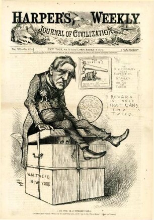 A box stew; or, an enviable position. Usufructuary Tilden. "William, we would miss you - until I am in the White House." (Hard on Tweed.) : Tilden sitzt auf einer Kiste, in der sich Tweed versteckt hält