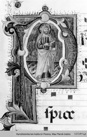 Graduale : Textseite mit Randseitenbordüre, vierzeiligen Neumen und historisierter Initiale (P): Christus