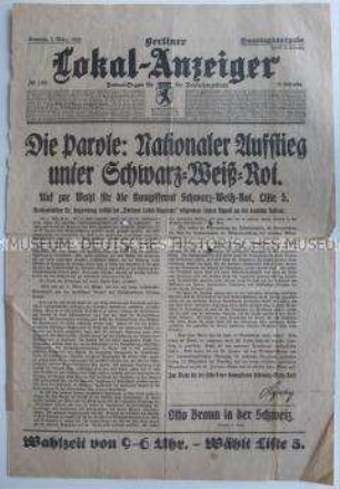 "Berliner Lokal-Anzeiger" zur Reichstagswahl am 5. März 1933 mit Wahlpropaganda für die DNVP