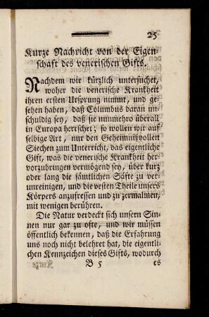 Kurze Nachricht von der Eigenschaft des venerischen Gifts.