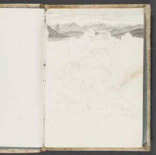 Studie einer Berglandschaft mit Bäumen und Zaun im Vordergrund
