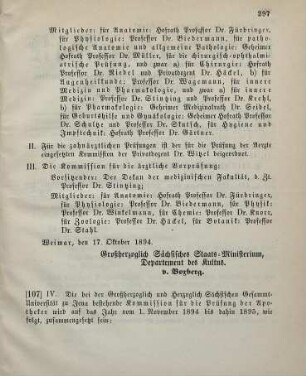 107. Ministerial-Bekanntmachung, betreffend die Zusammensetzung der bei der Gesammt-Universität Jena bestehenden Kommissionen für die Prüfung der Apotheker während der Zeit vom 1. Oktober, bezüglich 1. November 1894 bis dahin 1895