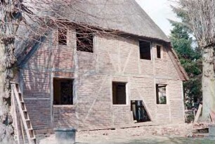 Hoisbüttel: Lübecker Straße (18): Fachwerkhaus mit Reetdach: Restaurierung: Giebelseite: Ausmauerung der Gefache: davor Ziegelsteine, Baumaterialien, zwei Bäume, Holzleiter