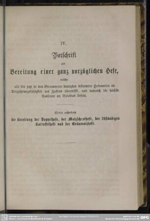 IV. Vorschrift zur Bereitung einer ganz vorzüglichen Hefe ...