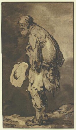 Ein Bettler, den Hut in der Hand haltend, im Profil nach links