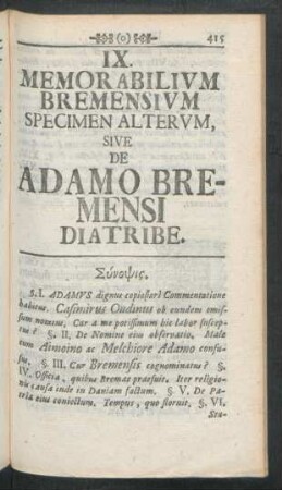 IX. Memorabilium Bremensium Specimen Alterum, Sive De Adamo Bremensi Diatribe