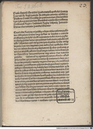 Oratio in obsequio canonice exhibito : Rom, 1486.09.19. Mit Gedicht 'Tres mihi dant nomen terrae...'