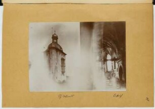 Schloss Vollrads, Winkel / Pfarrkirche, Oestrich: Ansicht vom Schlossturm, Innenansicht Kirche (aus: Skizzen- und Fotoalbum 23)
