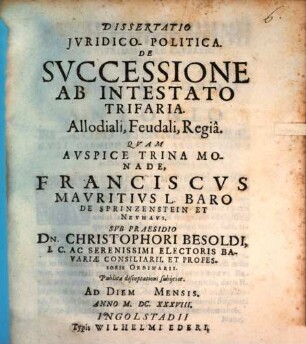 Dissertatio Jvridico-Politica. De Svccessione Ab Intestato Trifaria : allodiali, feudali, regia