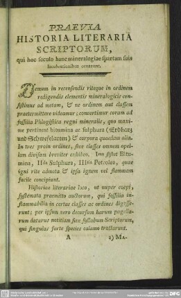 Praevia Historia Literaria Scriptorum qui hoc seculo hanc mineralogiae spartam suis lucubrationibus ornarunt
