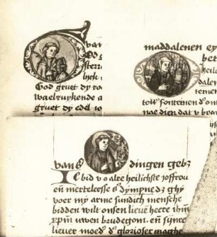 Drei Initialen mit verschiedenen Heiligen : Drei Initialen mit verschiedenen Heiligen. Zeichnung (1401/1500)