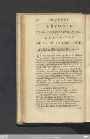 Réponse De Mr. De Saint-Evremond, A La Lettre De Mr. De La Fontaine, A Mad. la Duchesse de Bouillon.