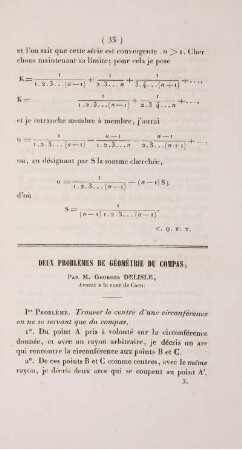 Deux problèmes de géométrie du compas.