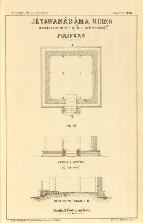 Plate XVII. Jêtawanârâma ruins. Monastery north of "Kuttam Pokuna". Pirivena. Plan. Front elevation. Section through A. B.