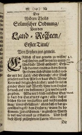 Erster Titul/ Von Leyhen ins gemein. - Der X. Titul. Von Kauffen und Verkauffen der beweglichen Güter.