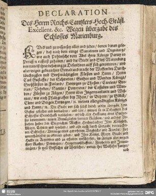 Declaration Des Herrn Reichs-Cantzlers ... Wegen Übergabe des Schlosses Marienburg