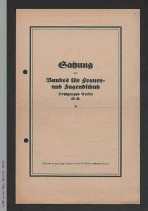 Satzung des Bundes für Frauen- und Jugendschutz - Ortsgruppe Berlin