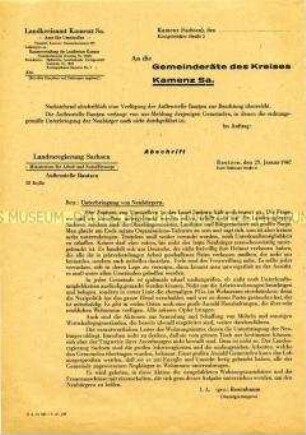 Rundschreiben der Landesregierung Sachsen zur Unterbringung von Umsiedlern, Flüchtlingen u.a.