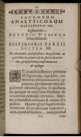 Dissertatio XIII. Posterioris Partis Sectio XII. De orationis ecclesiasticae dispositione ac partibus in genere & in specie de exordio, propositione, confirmatione & epilogo.