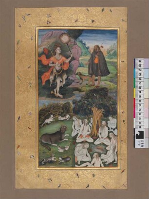 Illustration: Hinduistischer Asket (oben links), Pilger mit Hund (oben rechts), Katzenmutter mit fünf Jungen (unten links), Hinduistische Asketen unter einem Baum (unten rechts)