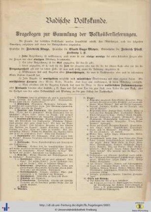 1a: Badische Volkskunde: Fragebogen zur Sammlung der Volksüberlieferungen: Fragebogen an die Lehrer