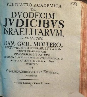 Velitatio Academica De Dvodecim Jvdicibvs Israelitarvm