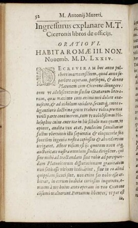 Ingressurus explanare M. T. Ciceronis libros de officijs. Oratio VI.