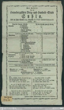 1799: In der Hennebergischen Berg- und Handels-Stadt Suhl, sind im Jahr Christi ... folgende Actus ministeriales gewesen, als: ...
