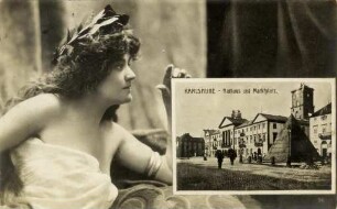 Postkartenalbum August Schweinfurth mit Karlsruher Motiven. "Karlsruhe - Rathaus und Marktplatz"