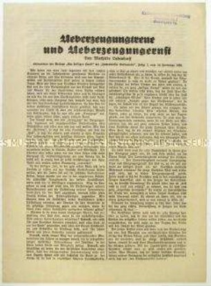 Flugblatt mit dem Text "Überzeugungstreue und Überzeugungsernst" von Mathilde Ludendorff