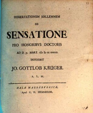Dissertationem Sollemnem De Sensatione Pro Honoribvs Doctoris