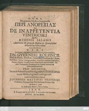 Disputatio Medica Inauguralis Peri Anorexias Seu De Inappetentia Ventriculi